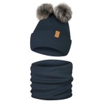 Komplet Zestaw Zimowy Dziecięcy z Dwoma Pomponami Granatowy