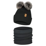 Komplet Zestaw Zimowy Dziecięcy z Dwoma Pomponami Czarny