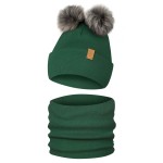 Komplet Zestaw Zimowy Dziecięcy z Dwoma Pomponami Zielony