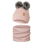 Komplet Zestaw Zimowy Dziecięcy z Dwoma Pomponami Brudny Róż