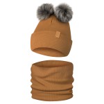 Komplet Zestaw Zimowy Dziecięcy z Dwoma Pomponami Brązowy
